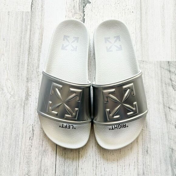 Off-White HF Mirror Silver Arrow Embossed Logo Rubber Pool Slides 36 / Women’s S - Picture 1 of 8